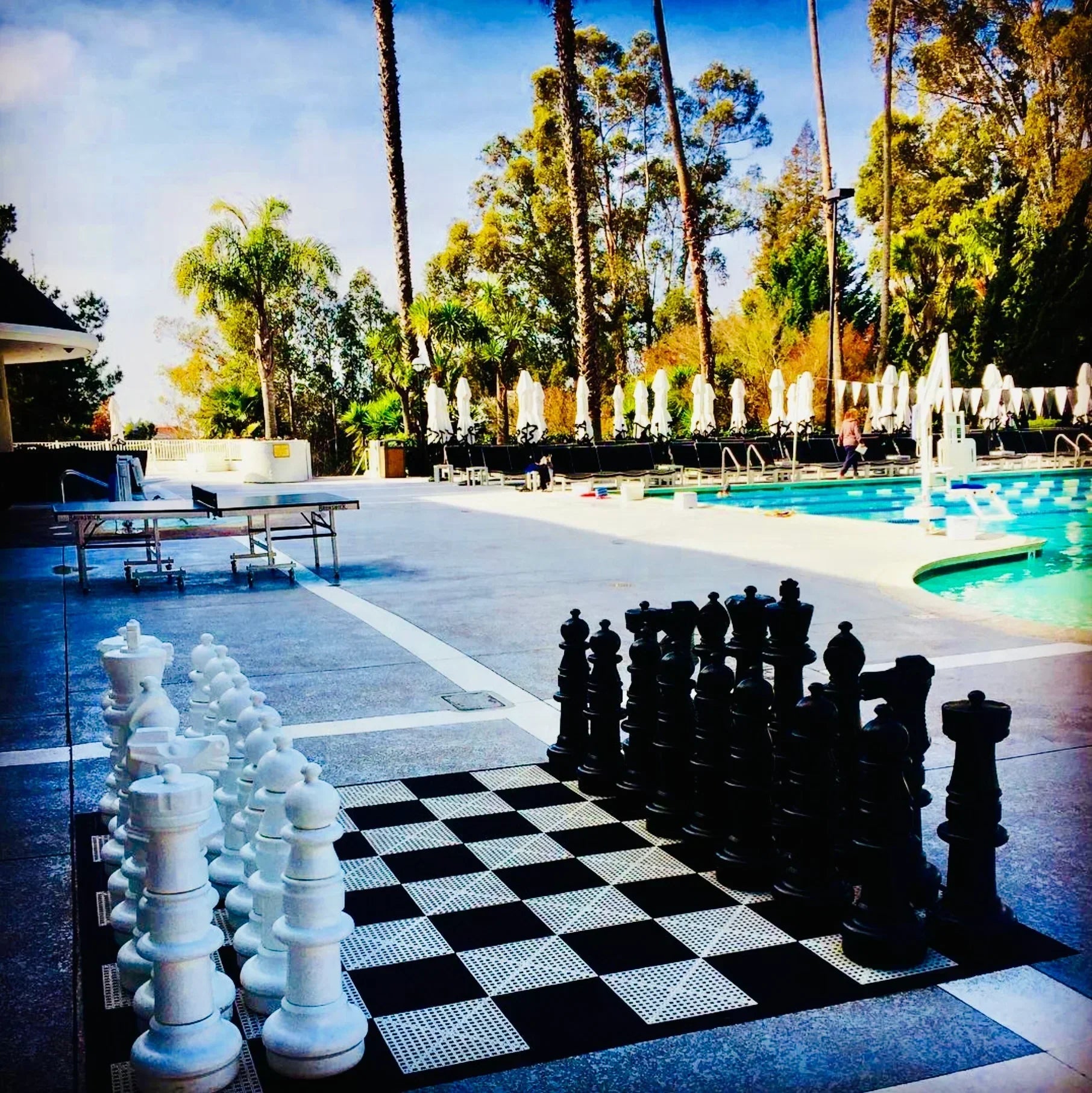 Giant chess set and ping pong table on poolside patio surrounded by tall palms showcasing resort activities for everyone at a modern resort.