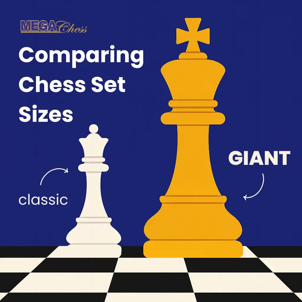 Classic and giant king pieces side by side on chess board with blue background showing comparison of chess set sizes and piece heights.