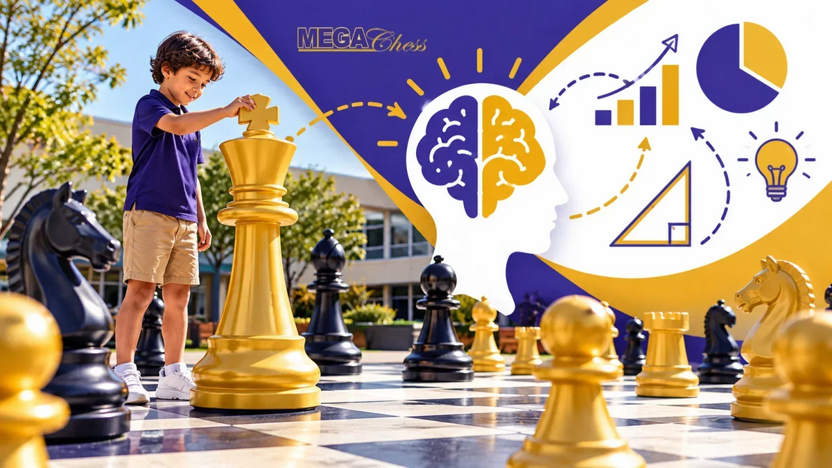 Digital graphic of a boy with giant chess and math icons asking does chess help with math