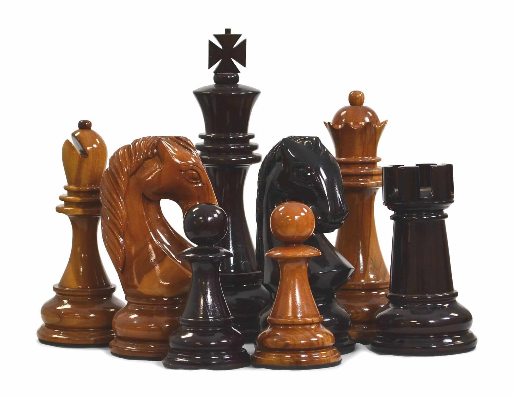 16 Inch Teak Large Chess Set featuring intricately carved wooden chess pieces in rich colors.