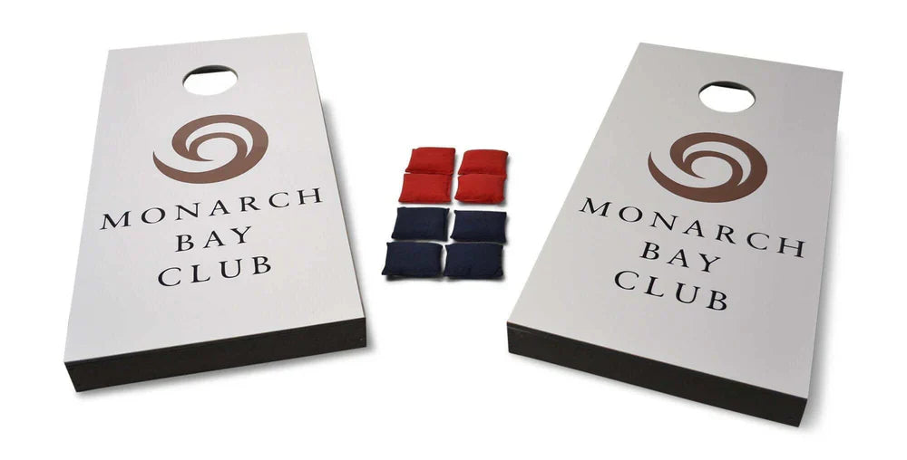 cornhole custom game sets with bean bags displayed