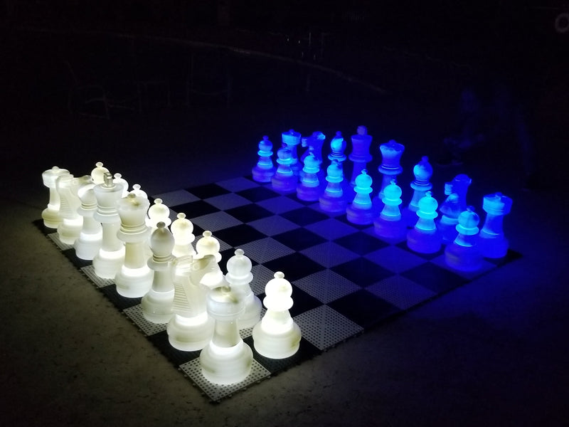MegaChess 25 Inch Plastic LED Giant Chess Set - Multiple Styles & Colors Available! - TEST | Night Time Only- 2 sides light up (Choose 2 Colors) / Blue / White | MegaChess.com