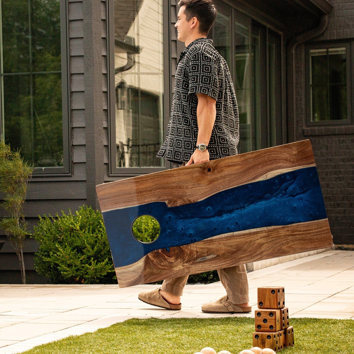 Elakai Outdoor Cornhole Boards 2ft x 4ft Resin & Wood Classic Cornhole Set | Live Edge River Collection